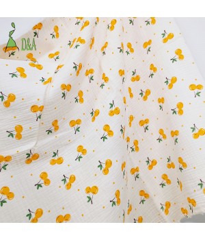 Yellow Cherry Printed Cotton Fabric Double Gauze Crepe Fabric For Baby Bibs Clothing