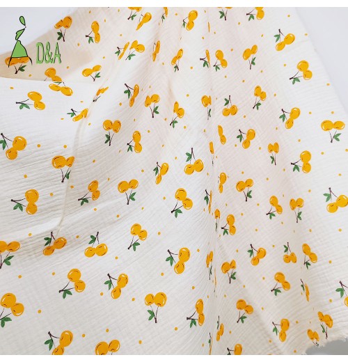 Yellow Cherry Printed Cotton Fabric Double Gauze Crepe Fabric For Baby Bibs Clothing